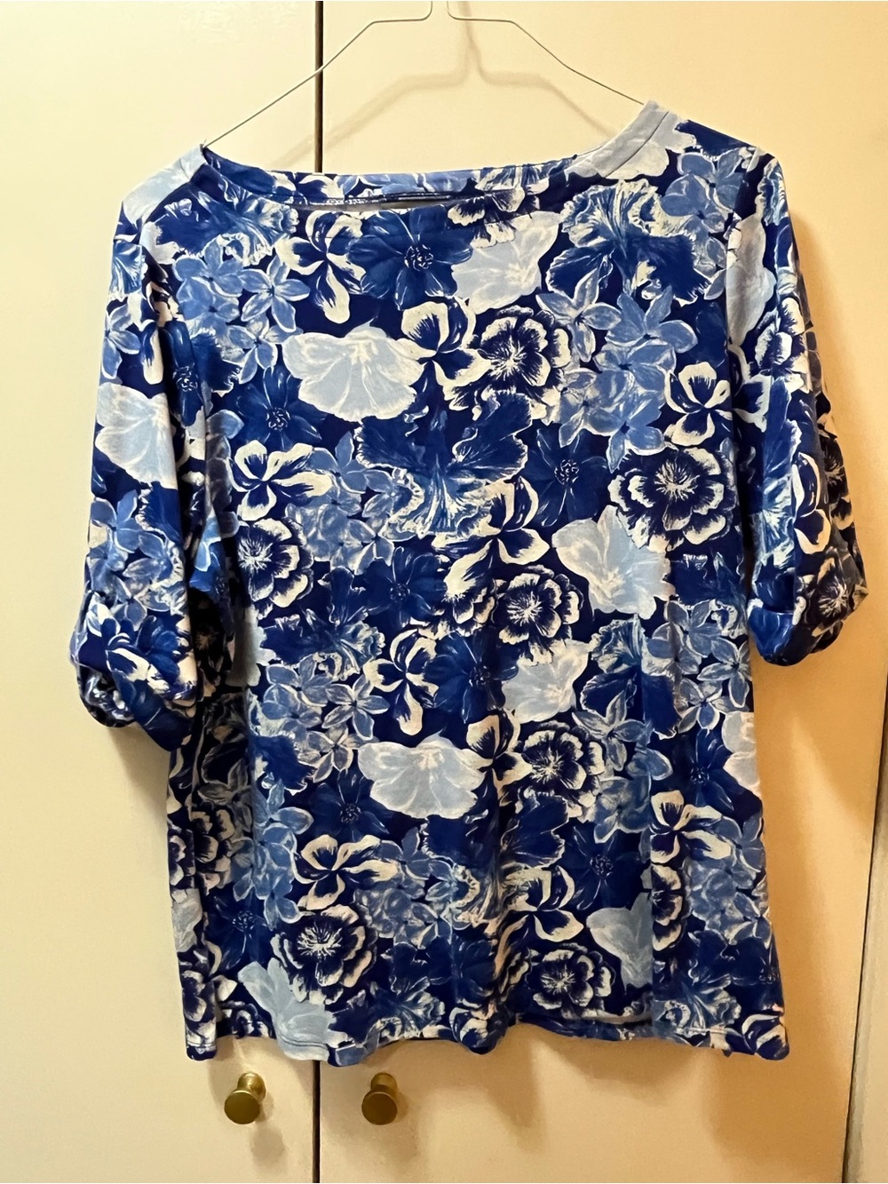 Style & Co. Blue and White Floral Boatneck Tee